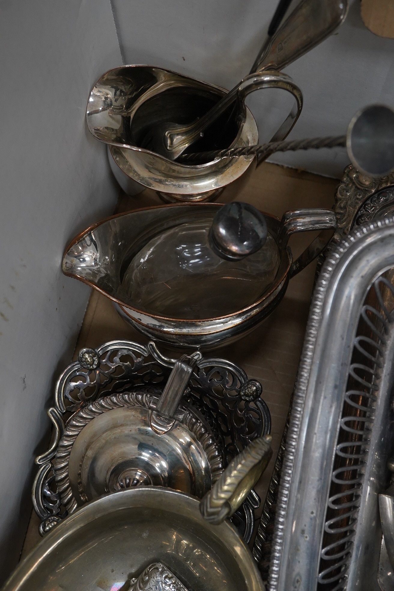 A quantity of silver plate to include a vesta, cruet, cutlery, tureen, etc. Condition - fair